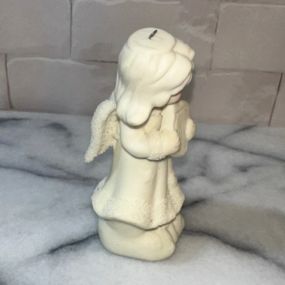 Vintage Ceramic Angel Girl Figurine Harp Christmas Ornament White Textured 4in